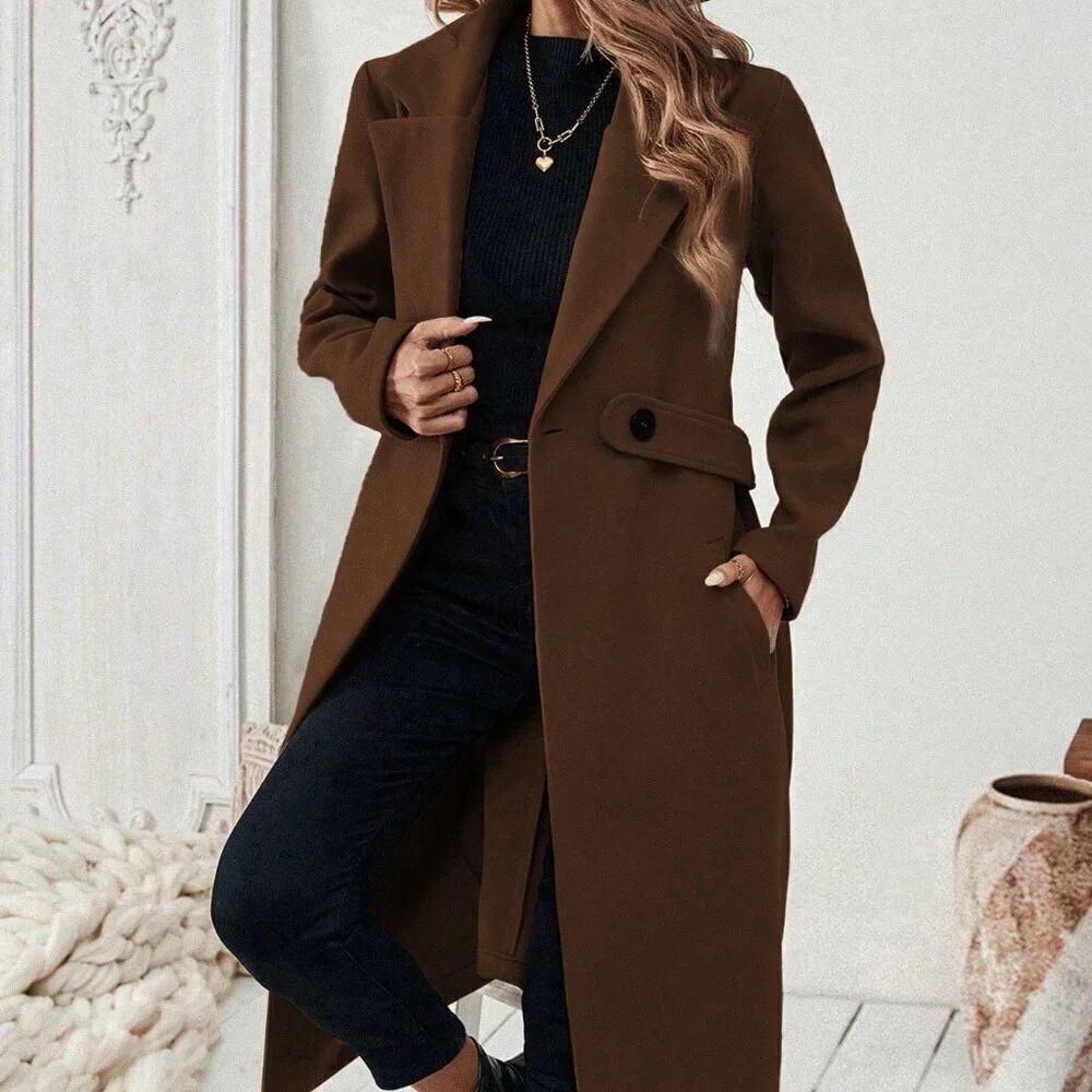 Coffee Brown Casual Women's Notched Collar long coat